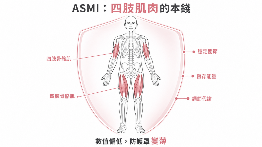 ASMI四肢骨骼肌是身體本錢負責穩定關節儲存能量調節代謝數值偏低代表防護罩變薄