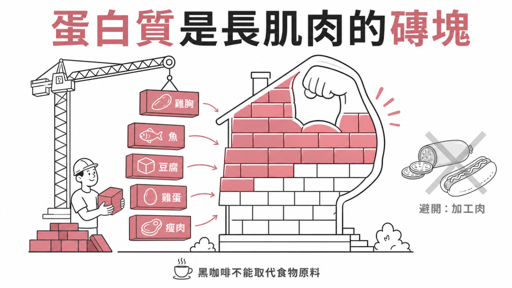 優質蛋白質雞胸魚豆腐雞蛋瘦肉是長肌肉的磚塊應避開香腸熱狗等加工肉