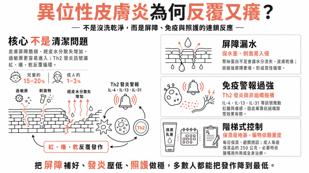 異位性皮膚炎是皮膚屏障變差加上免疫Th2過度發炎，不是沒洗乾淨，靠保濕與階梯式治療穩住反覆的癢