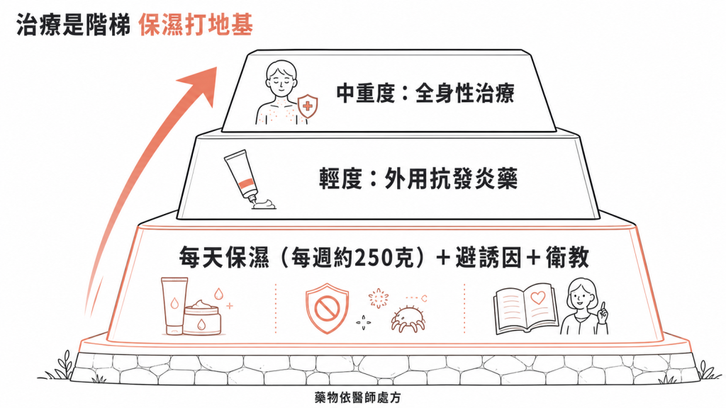 異位性皮膚炎階梯式治療：地基每天保濕每週約250克加避誘因衛教、輕度加外用抗發炎藥、中重度加全身性治療