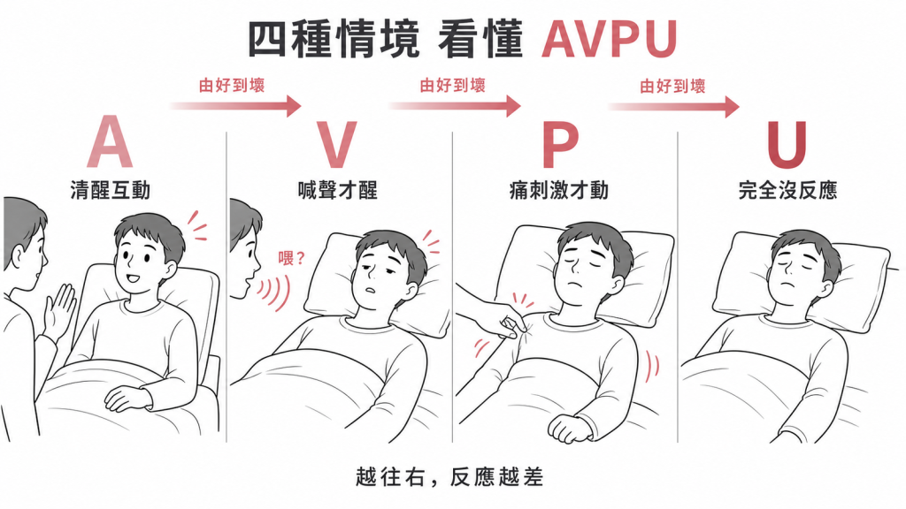 AVPU四級像叫人起床四情境：A清醒互動、V喊聲才醒、P痛刺激才動、U完全沒反應