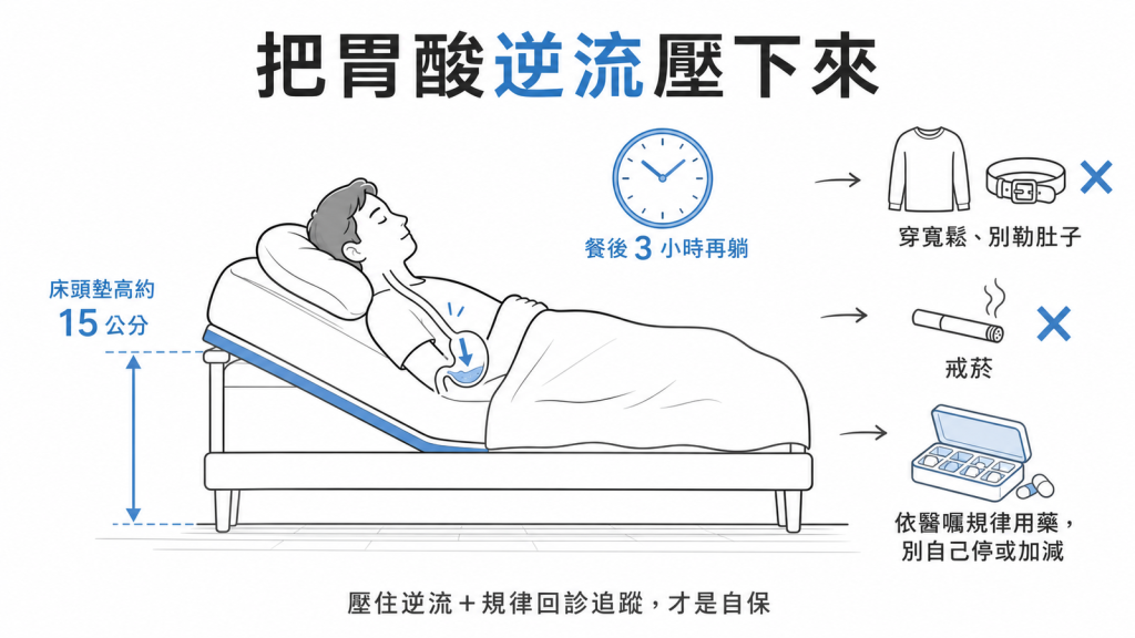 壓住胃酸逆流的日常對策：床頭墊高15公分、餐後3小時再躺、穿寬鬆、戒菸、依醫囑規律用藥別自己停