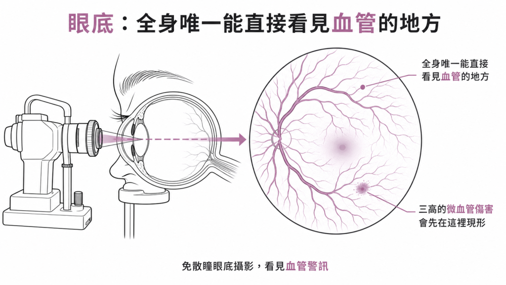 眼底是全身唯一能直接看見血管的地方糖尿病高血壓的微血管傷害常在眼底先現形