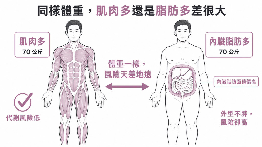 同樣70公斤肌肉多代謝風險低內臟脂肪多外型不胖風險卻高InBody比單看體重有意義