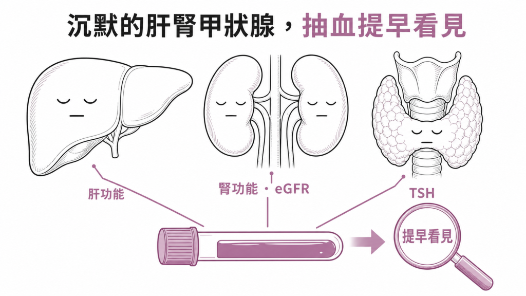 肝腎甲狀腺是沉默器官壞到才有感覺抽血可在沒症狀時提早看見肝功能腎功能eGFR與TSH異常