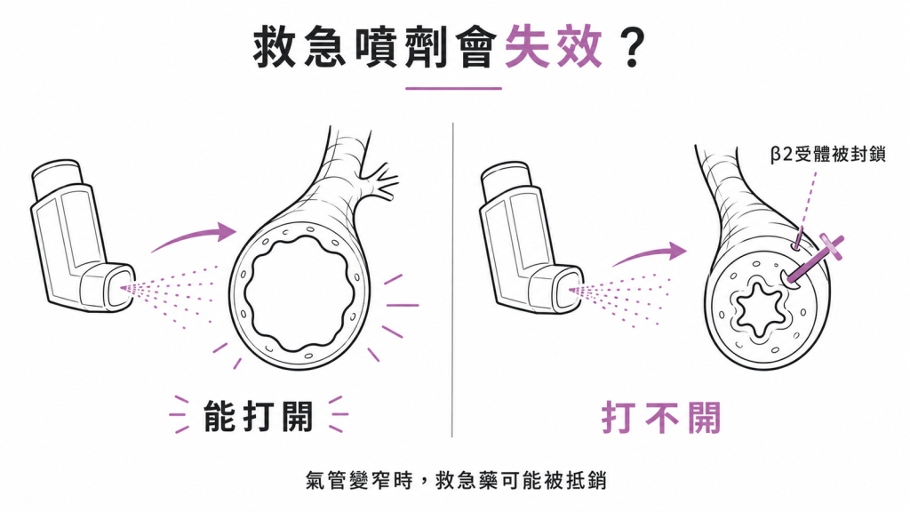 乙型阻斷劑使救急吸入劑失效:SABA 需要啟動 β2 受體才能打開氣管,受體被封鎖時噴了也打不開