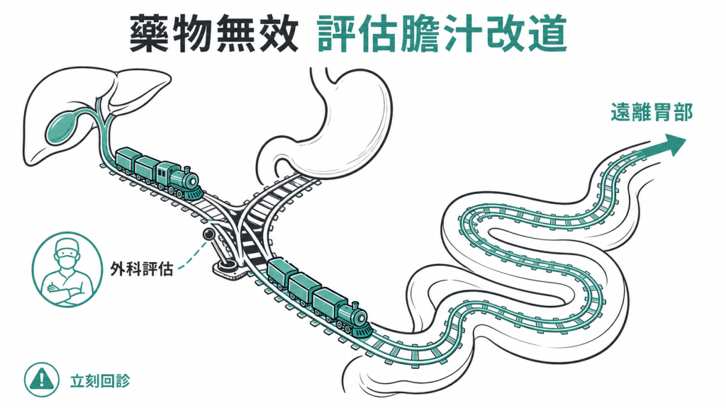 藥物無效的嚴重膽汁逆流可由外科評估改道手術