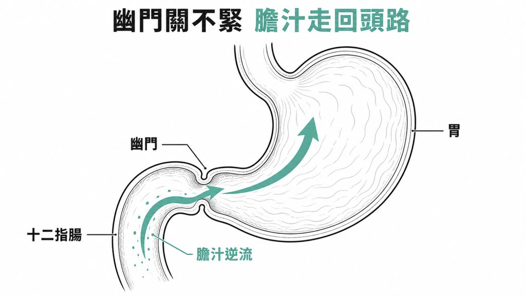 幽門關不緊時膽汁可能從十二指腸逆流回胃