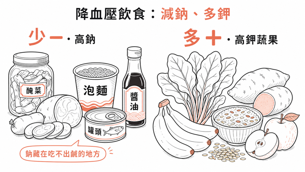 降血壓飲食少吃高鈉加工食品多吃高鉀蔬果全穀香蕉菠菜地瓜