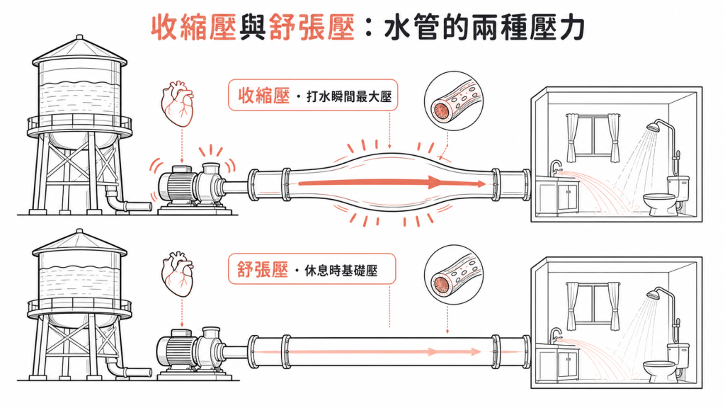 收縮壓是心臟打水瞬間血管承受的最大壓力舒張壓是休息時維持的基礎壓力