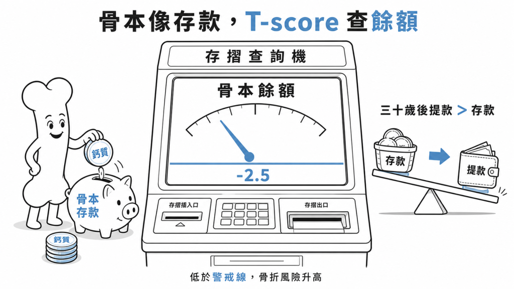 骨質密度T-score像骨本銀行帳戶餘額低於負2.5代表嚴重透支易骨折