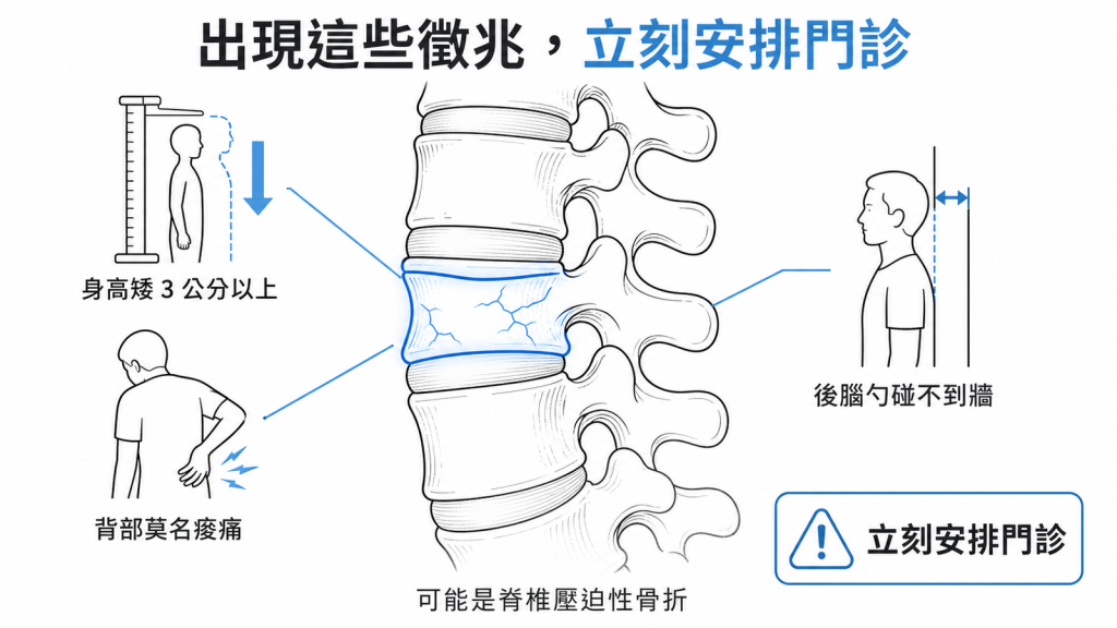 身高矮3公分以上背部莫名痠痛後腦勺碰不到牆可能是脊椎壓迫性骨折立刻安排門診