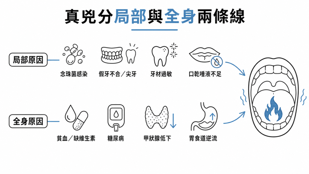 嘴巴灼熱真兇分兩條線：局部原因(念珠菌感染、假牙不合或尖牙、牙材過敏、口乾唾液不足)與全身原因(貧血或缺維生素、糖尿病、甲狀腺低下、胃食道逆流)，都可能被誤當成灼口症