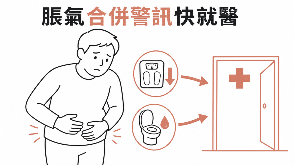 脹氣合併體重下降或血便時應就醫的警訊衛教圖