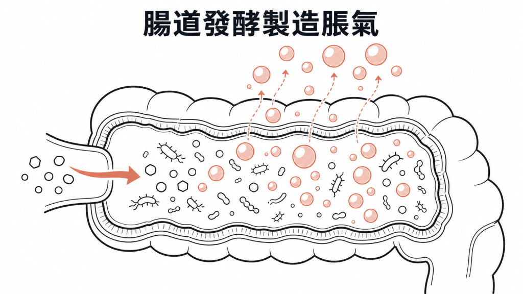 未吸收的糖進入大腸被細菌發酵產氣的衛教圖