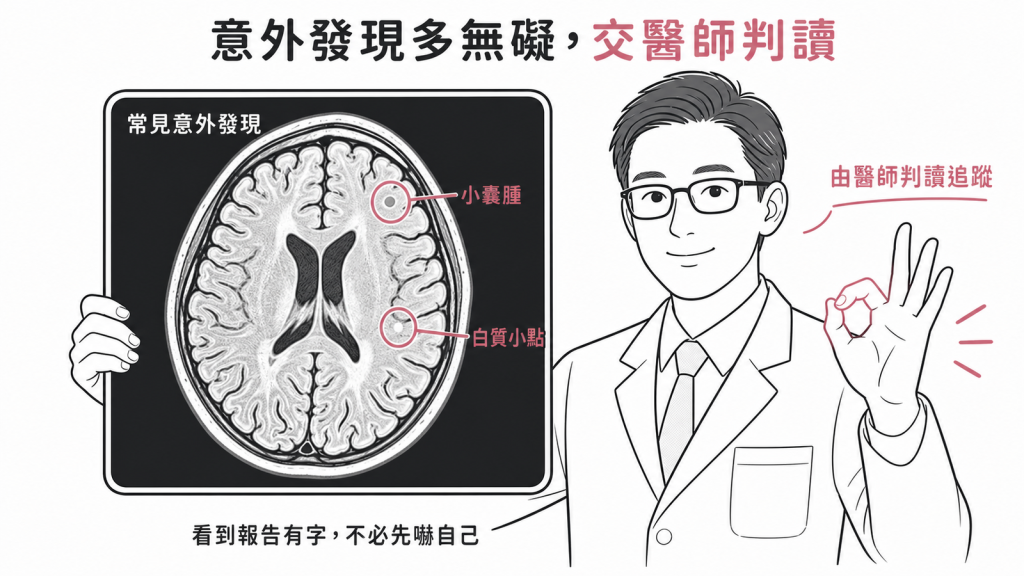 MRI常見的小囊腫白質小點等意外發現多無臨床意義,交由醫師判讀追蹤