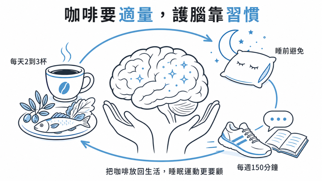 護腦務實三招適量咖啡每天2到3杯搭地中海飲食顧好睡眠咖啡上午喝睡前避免每週150分鐘有氧運動加動腦社交