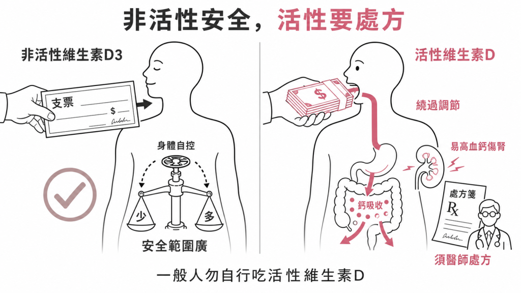 非活性維生素D3像空白支票身體自控安全範圍廣活性維生素D像現金繞過調節易高血鈣傷腎須醫師處方