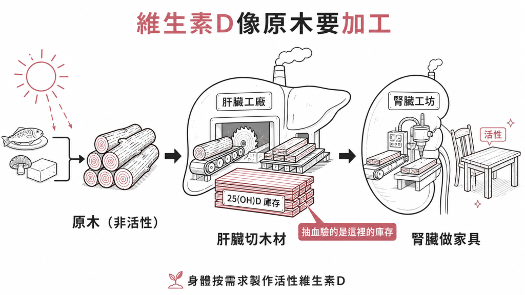 非活性維生素D像原木經肝臟切成25OHD庫存抽血驗的就是這個再由腎臟按需求做成活性