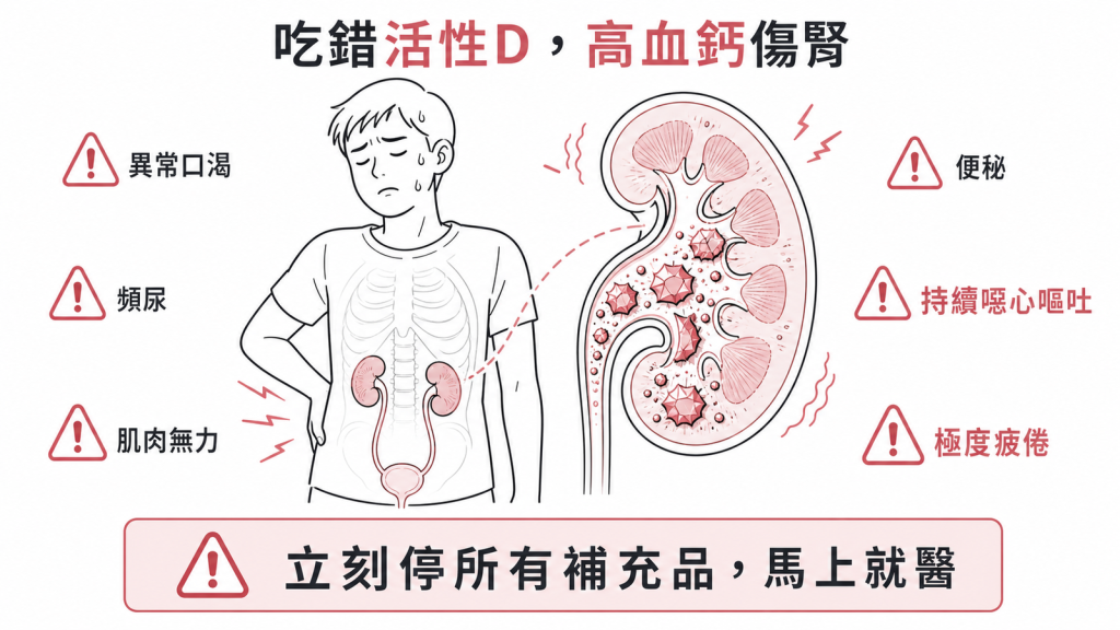 誤把活性維生素D當保養天天吃會高血鈣傷腎口渴頻尿肌肉無力便秘噁心嘔吐疲倦應立刻停所有補充品就醫