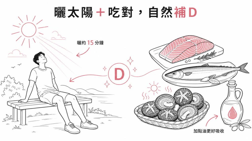 天然補維生素D每天曬太陽約15分鐘並吃鮭魚秋刀魚曬乾香菇炒菜加點油脂幫助吸收