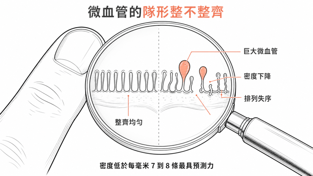 甲褶微血管鏡線稿圖：健康微血管排列整齊，硬皮症型出現巨大微血管、密度下降與排列失序
