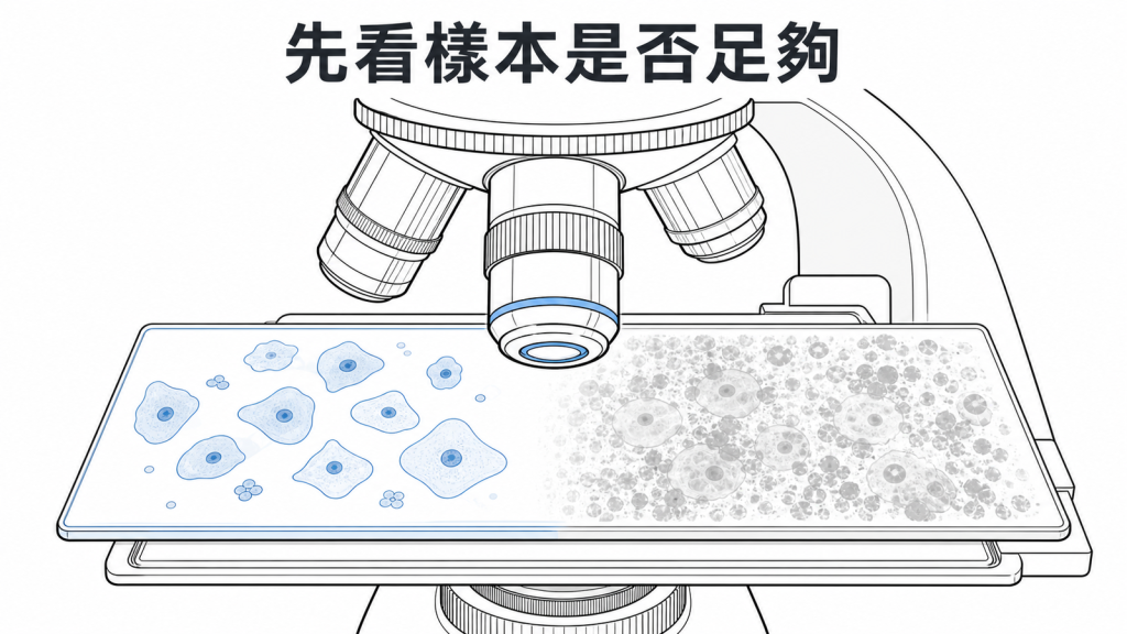 抹片報告先確認樣本品質是否足以判讀的衛教圖