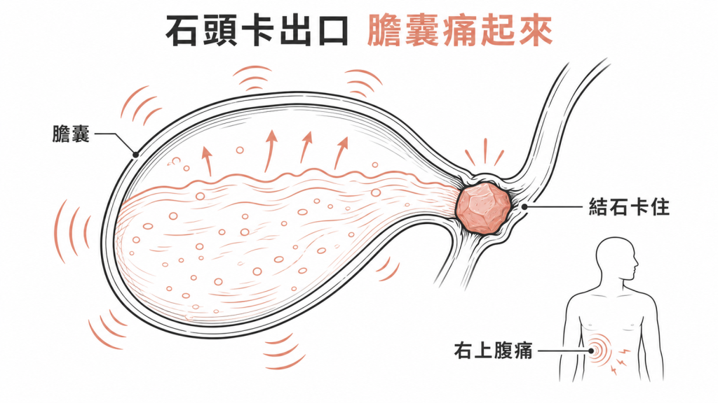 膽結石卡住膽囊出口會造成右上腹膽絞痛