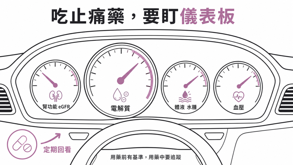 腎臟病吃止痛藥要像開車盯儀表板定期監測腎功能eGFR電解質體液水腫與血壓四個指標