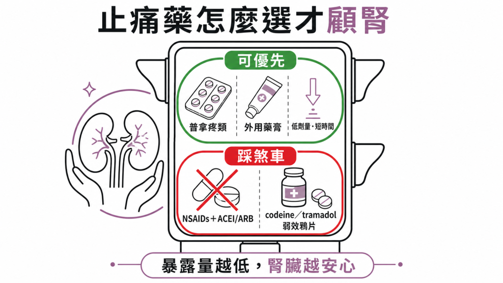 腎臟病止痛用藥紅綠燈可優先普拿疼外用藥膏低劑量短時間踩煞車NSAIDs併ACEI或ARB與codeine tramadol弱效鴉片