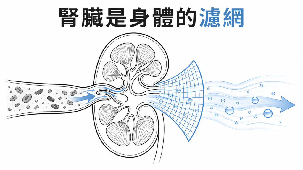 腎臟像濾網過濾血液廢物的護腎衛教圖