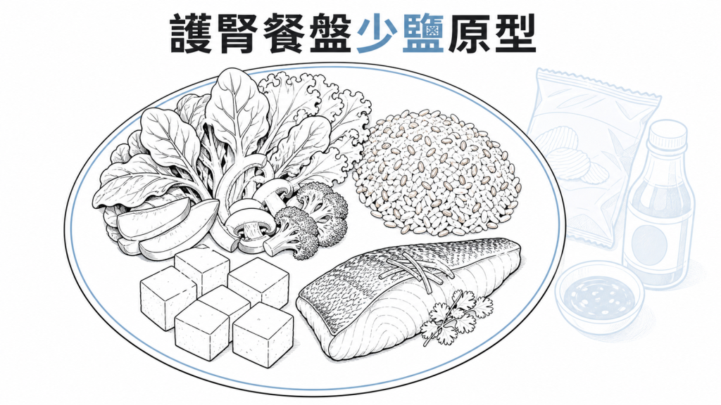 以原型食物與少鹽原則組成的護腎餐盤衛教圖