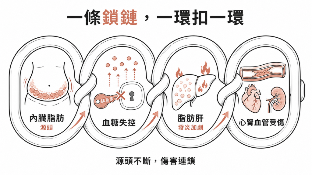 CKM像一條鎖鏈：內臟脂肪源頭導致血糖失控、脂肪肝放大發炎、再讓心腎血管接連受傷，一環扣一環