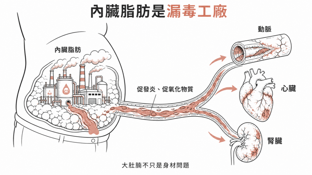內臟脂肪像會漏毒的工廠，分泌促發炎促氧化物質順血液侵蝕動脈心臟腎臟，大肚腩不只是身材問題