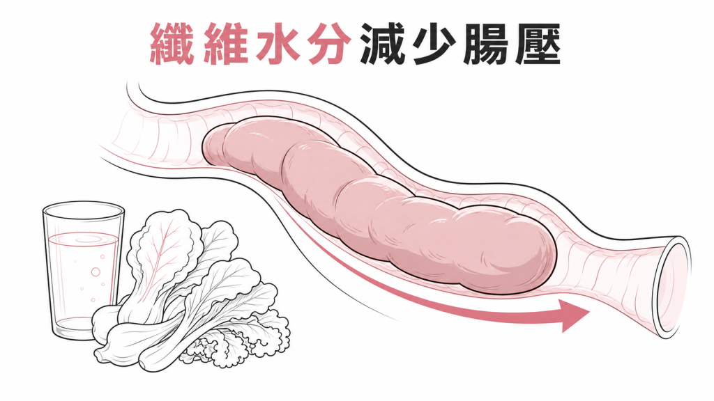 膳食纖維與水分讓糞便柔軟以降低腸道壓力的衛教圖