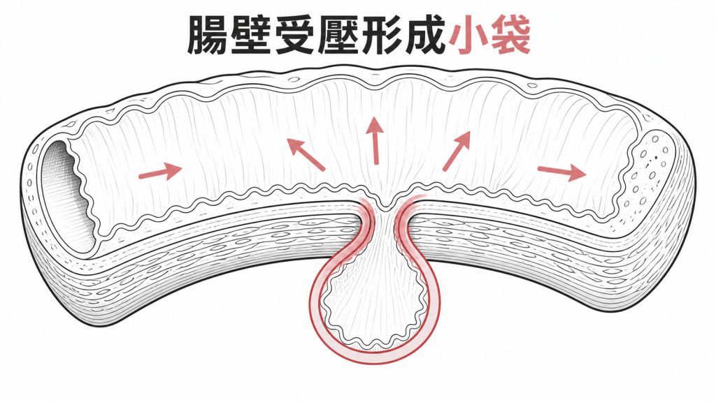 大腸壁薄弱處受壓形成憩室小囊袋的衛教圖