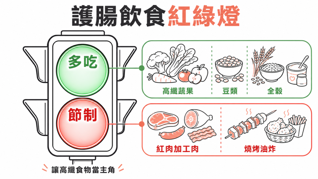 護腸飲食紅綠燈:多吃高纖蔬果豆類全穀,節制紅肉加工肉與燒烤油炸