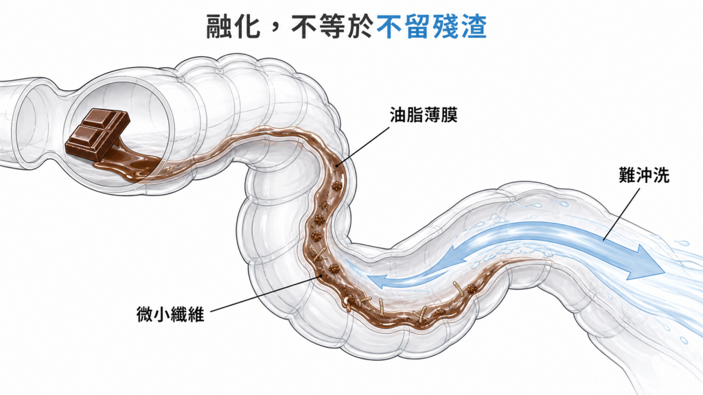 巧克力融化後仍可能在腸壁留下油脂與纖維示意圖