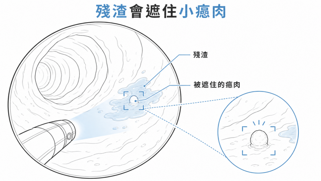 腸道殘渣遮蔽大腸鏡視野與小瘜肉示意圖