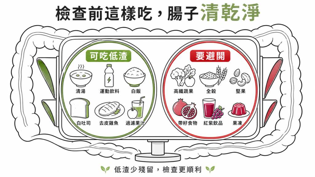 大腸鏡檢查前腸道準備紅綠燈可吃低渣清湯運動飲料白飯白吐司去皮雞魚過濾果汁要避開高纖蔬果全穀堅果帶籽食物紅紫飲品果凍