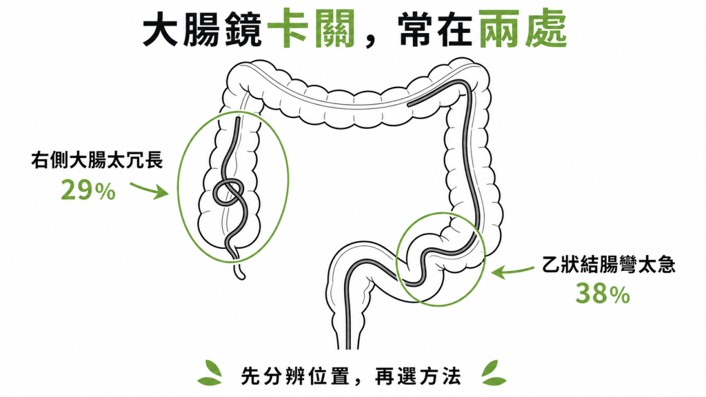 大腸鏡卡關常在兩處乙狀結腸彎角太急佔未完成38右側大腸太冗長繞圈打結佔29先分辨位置再選方法