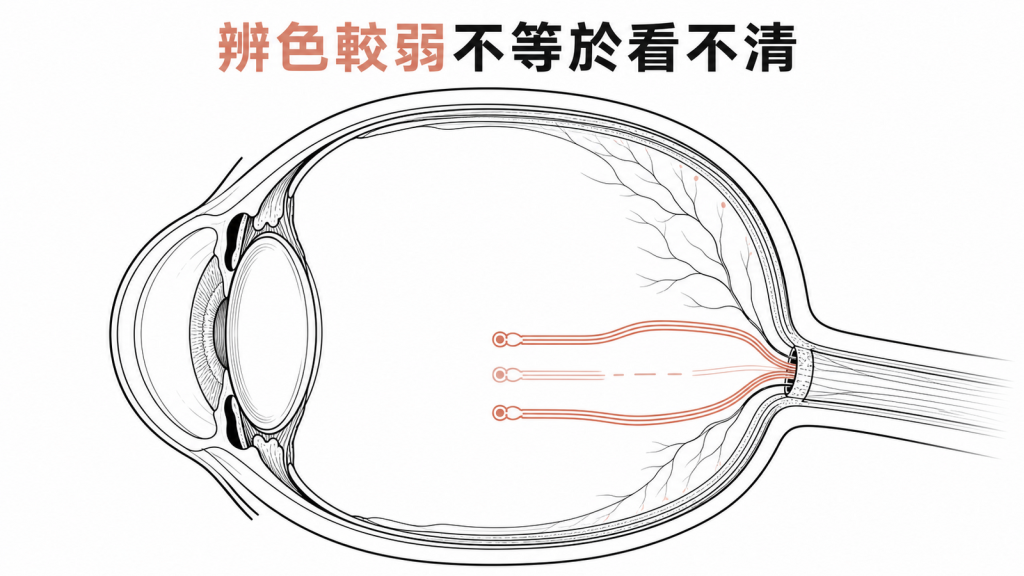視網膜三類錐狀感光細胞辨色示意