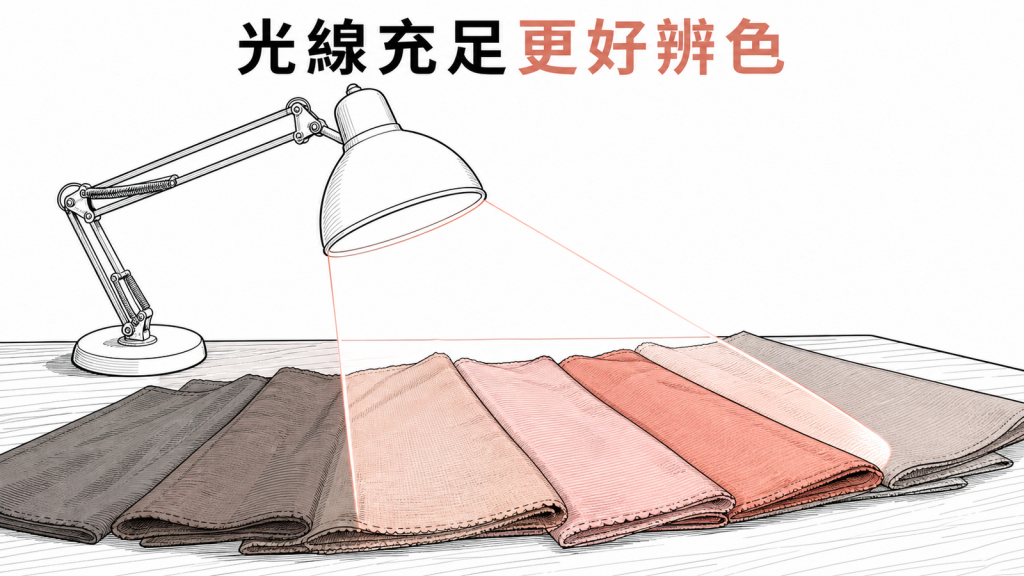 充足白光幫助辨認色彩示意