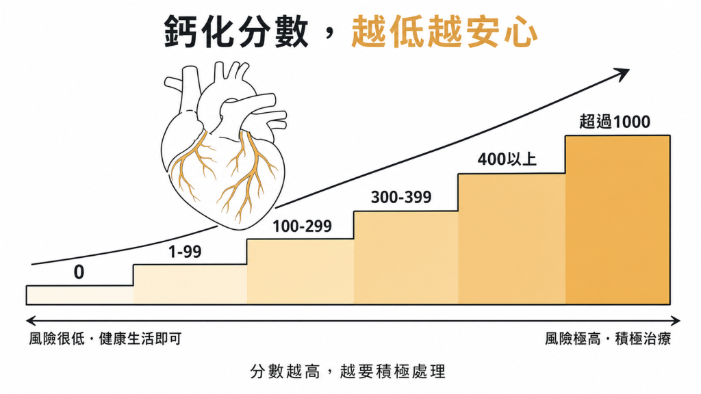 冠狀動脈鈣化分數風險梯度0風險很低健康生活即可分數越高風險越高超過1000風險極高需積極治療