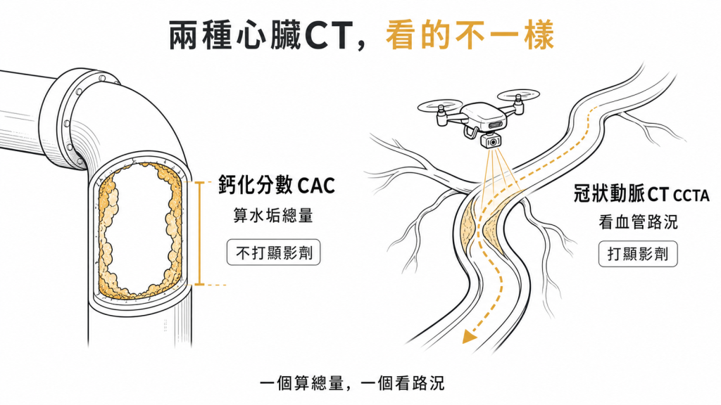 鈣化分數CAC像算水管水垢總量不打顯影劑冠狀動脈CT攝影CCTA像空拍機看血管路況打顯影劑一個算總量一個看路況