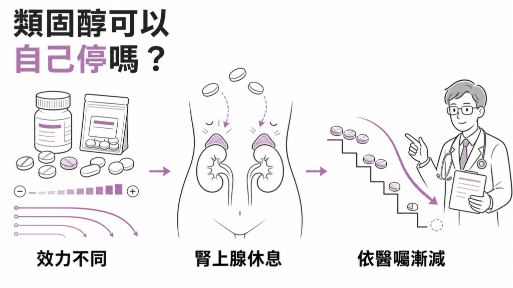 類固醇效力各不相同、長期使用會讓腎上腺休息，停藥必須依醫囑漸減的資訊圖