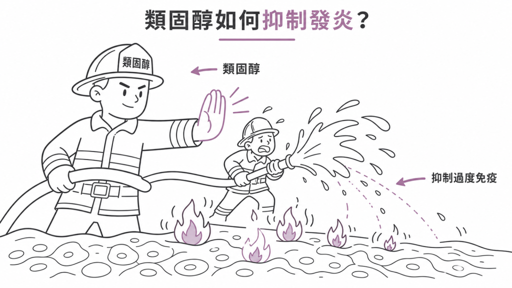 類固醇像喊停的消防隊長，把過度反應的免疫反應壓下來的示意圖