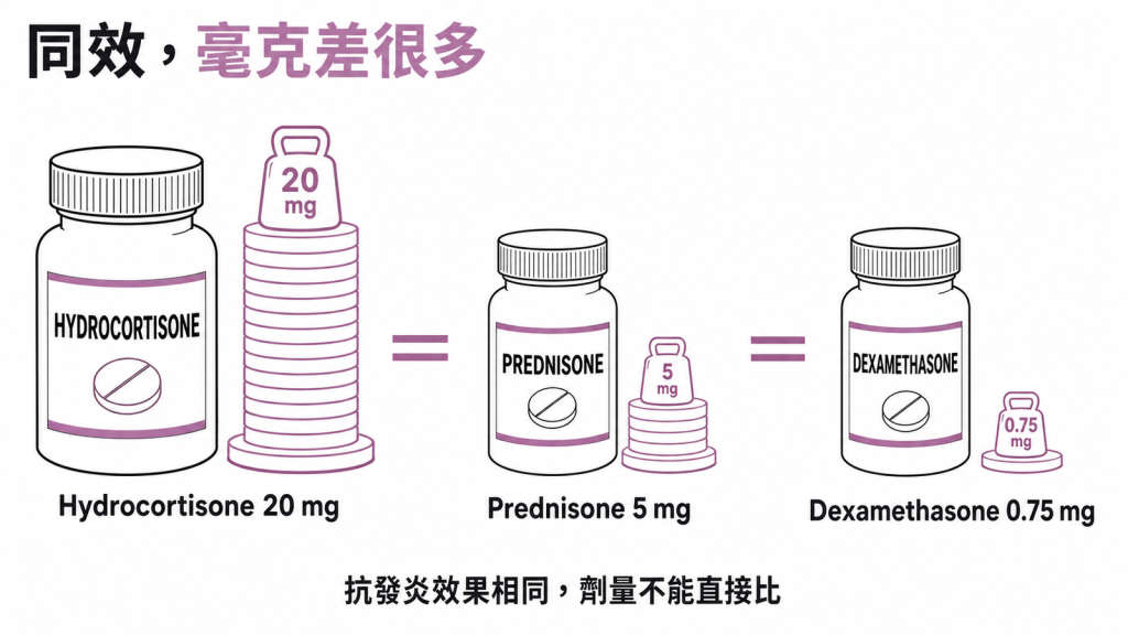 hydrocortisone 20 mg、prednisone 5 mg 與 dexamethasone 0.75 mg 抗發炎效果相當的等效劑量示意圖