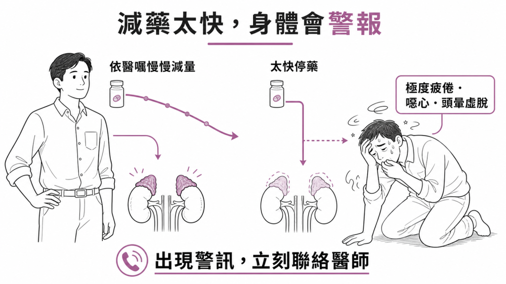 類固醇減量太快時出現極度疲倦、噁心、頭暈虛脫等腎上腺功能不足警訊的對照示意圖