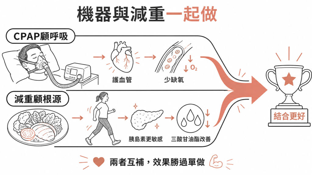CPAP顧呼吸護血管少缺氧、減重顧根源改善胰島素與三酸甘油酯，兩者互補結合勝過單做